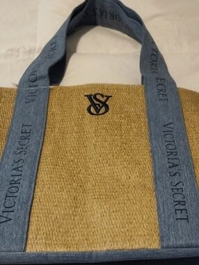 Victoria Secret Straw  Tote Bag  Logo On Straps Baby Blue 8 X 12" Brand New Tag